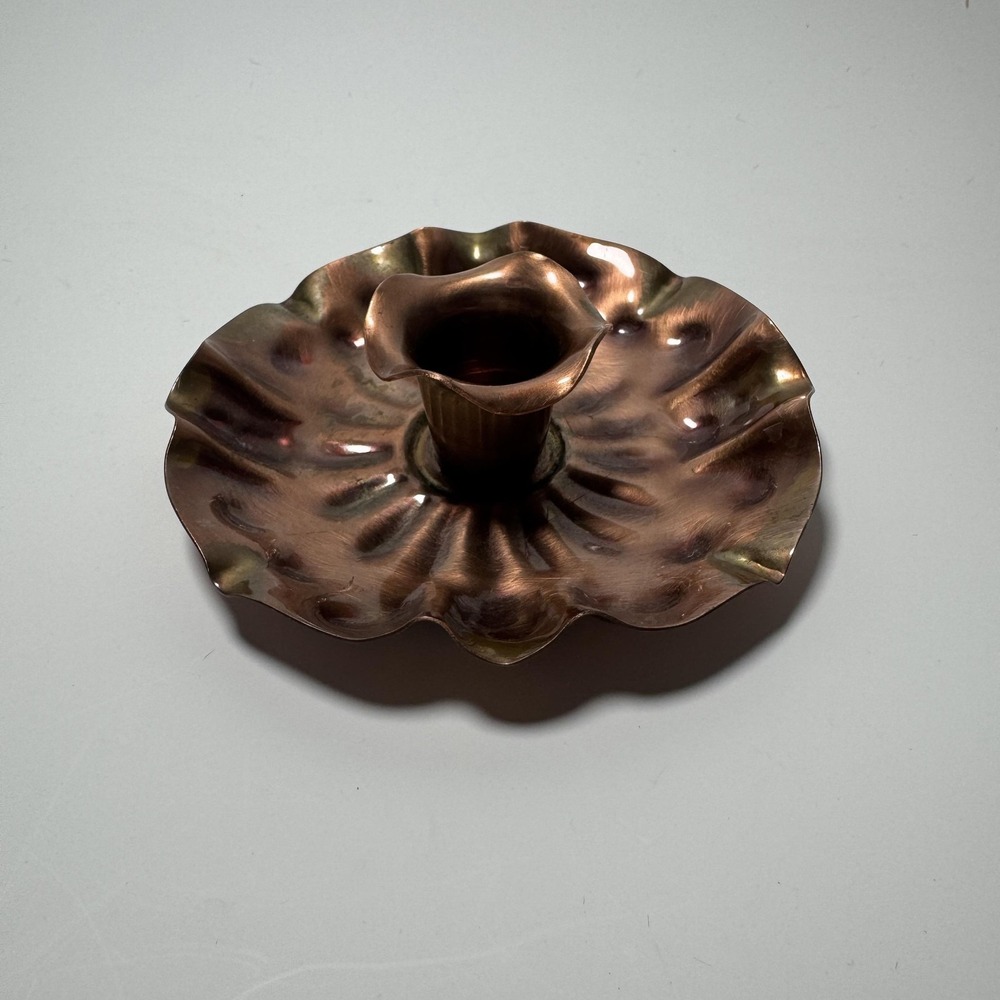Vintage Gregorian Ruffled Edge Copper Taper Candle Holder Signed Chamberstick